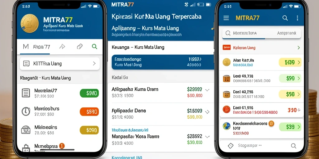 Antarmuka aplikasi MITRA77 yang menampilkan kurs mata uang secara real-time.