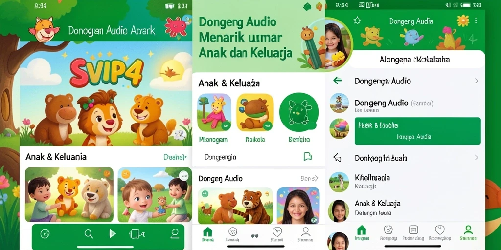 Tampilan antarmuka aplikasi Dongeng Audio SVIP4 yang menarik dan ramah anak.